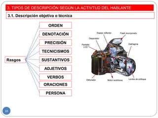 3. TIPOS DE DESCRIPCIÓN SEGÚN LA ACTIVTUD DEL HABLANTE
3.1. Descripción objetiva o técnica
Rasgos
ORDEN
DENOTACIÓN
PRECISIÓN
TECNICISMOS
SUSTANTIVOS
ADJETIVOS
VERBOS
ORACIONES
PERSONA
10
 
