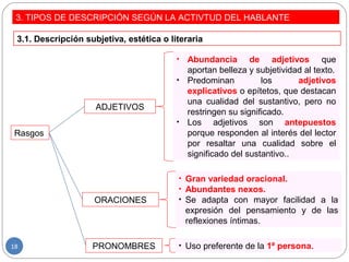 3. TIPOS DE DESCRIPCIÓN SEGÚN LA ACTIVTUD DEL HABLANTE
3.1. Descripción subjetiva, estética o literaria
Rasgos
ADJETIVOS
ORACIONES
• Abundancia de adjetivos que
aportan belleza y subjetividad al texto.
• Predominan los adjetivos
explicativos o epítetos, que destacan
una cualidad del sustantivo, pero no
restringen su significado.
• Los adjetivos son antepuestos
porque responden al interés del lector
por resaltar una cualidad sobre el
significado del sustantivo..
• Gran variedad oracional.
• Abundantes nexos.
• Se adapta con mayor facilidad a la
expresión del pensamiento y de las
reflexiones íntimas.
PRONOMBRES • Uso preferente de la 1ª persona.18
 