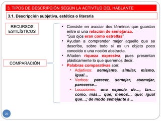 3. TIPOS DE DESCRIPCIÓN SEGÚN LA ACTIVTUD DEL HABLANTE
3.1. Descripción subjetiva, estética o literaria
RECURSOS
ESTILÍSTICOS
COMPARACIÓN
• Consiste en asociar dos términos que guardan
entre sí una relación de semejanza.
“Sus ojos eran como estrellas”
• Ayudan a comprender mejor aquello que se
describe, sobre todo si es un objeto poco
conocido o una noción abstracta.
• Añaden riqueza expresiva, pues presentan
plásticamente lo que queremos decir.
• Palabras comparativas son:
• Adjetivos: semejante, similar, mismo,
igual…
• Verbos: parecer, semejar, asemejar,
parecerse...
• Locuciones: una especie de…, tan…
como, más… que; menos… que; igual
que…; de modo semejante a…
20
 