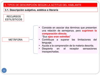 3. TIPOS DE DESCRIPCIÓN SEGÚN LA ACTITUD DEL HABLANTE
3.1. Descripción subjetiva, estética o literaria
RECURSOS
ESTILÍSTICOS
METÁFORA
• Consiste en asociar dos términos que presentan
una relación de semejanza, pero suprimen la
comparación directa.
“Sus ojos eran estrellas”
• Contribuye a superar las limitaciones del
lenguaje.
• Ayuda a la comprensión de la materia descrita.
• Despierta en el receptor sensaciones
insospechadas.
21
 