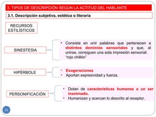 3. TIPOS DE DESCRIPCIÓN SEGÚN LA ACTITUD DEL HABLANTE
3.1. Descripción subjetiva, estética o literaria
RECURSOS
ESTILÍSTICOS
SINESTESIA
• Consiste en unir palabras que pertenecen a
distintos dominios sensoriales y que, al
unirse, consiguen una sola impresión sensorial:
“rojo chillón”
HIPÉRBOLE
• Exageraciones
• Aportan expresividad y fuerza.
PERSONIFICACIÓN
• Dotan de características humanas a un ser
inanimado.
• Humanizan y acercan lo descrito al receptor.
22
 