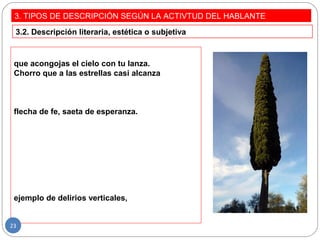 3. TIPOS DE DESCRIPCIÓN SEGÚN LA ACTIVTUD DEL HABLANTE
3.2. Descripción literaria, estética o subjetiva
que acongojas el cielo con tu lanza.
Chorro que a las estrellas casi alcanza
flecha de fe, saeta de esperanza.
ejemplo de delirios verticales,
23
 