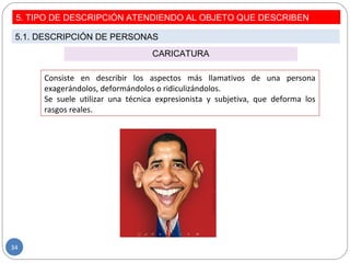 CARICATURA
Consiste en describir los aspectos más llamativos de una persona
exagerándolos, deformándolos o ridiculizándolos.
Se suele utilizar una técnica expresionista y subjetiva, que deforma los
rasgos reales.
5. TIPO DE DESCRIPCIÓN ATENDIENDO AL OBJETO QUE DESCRIBEN
5.1. DESCRIPCIÓN DE PERSONAS
34
 