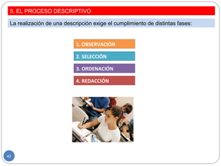 5. EL PROCESO DESCRIPTIVO
La realización de una descripción exige el cumplimiento de distintas fases:
1. OBSERVACIÓN
2. SELECCIÓN
4. REDACCIÓN
3. ORDENACIÓN
42
 