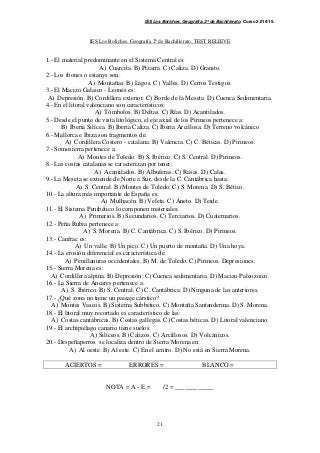 IES Los Boliches. Geografía. 2º de Bachillerato. Curso 2.014/15. 
IES Los Boliches. Geografía 2º de Bachillerato. TEST RELIEVE 
1.- El material predominante en el Sistema Central es: 
A) Cuarcita. B) Pizarra. C) Caliza. D) Granito. 
21 
2.- Los ibones o estanys son: 
A) Montañas. B) Lagos. C) Valles. D) Cerros Testigos. 
3.- El Macizo Galaico - Leonés es: 
A) Depresión. B) Cordillera exterior. C) Borde de la Meseta. D) Cuenca Sedimentaria. 
4.- En el litoral valenciano son característicos: 
A) Tómbolos. B) Deltas. C) Rías. D) Acantilados. 
5.- Desde el punto de vista litológico, el eje axial de los Pirineos pertenece a: 
B) Iberia Silícea. B) Iberia Caliza. C) Iberia Arcillosa. D) Terreno volcánico 
6.- Mallorca e Ibiza son fragmentos de: 
A) Cordillera Costero - catalana. B) Valencia. C) C. Béticas. D) Pirineos. 
7.- Somosierra pertenece a: 
A) Montes de Toledo. B) S. Ibérico. C) S. Central. D) Pirineos. 
8.- Las costas catalanas se caracterizan por tener: 
A) Acantilados. B) Albuferas. C) Rasas. D) Calas. 
9.- La Meseta se extiende de Norte a Sur, desde la C. Cantábrica hasta: 
A) S. Central. B) Montes de Toledo. C) S. Morena. D) S. Bético. 
10.- La altura más importante de España es: 
A) Mulhacén. B) Veleta. C) Aneto. D) Teide. 
11.- El Sistema Penibético lo componen materiales: 
A) Primarios. B) Secundarios. C) Terciarios. D) Cuaternarios. 
12.- Peña Rubia pertenece a: 
A) S. Morena. B) C. Cantábrica. C) S. Ibérico. D) Pirineos. 
13.- Canfrac es: 
A) Un valle. B) Un pico. C) Un puerto de montaña. D) Una hoya. 
14.- La erosión diferencial es característica de: 
A) Penillanuras occidentales. B) M. de Toledo. C) Pirineos. Depresiones. 
15.- Sierra Morena es: 
A) Cordillera alpina. B) Depresión. C) Cuenca sedimentaria. D) Macizo Paleozoico. 
16.- La Sierra de Ancares pertenece a: 
A) S. Ibérico. B) S. Central. C) C. Cantábrica. D) Ninguna de las anteriores. 
17.- ¿Qué zona no tiene un paisaje cárstico? 
A) Montes Vascos. B) Sistema Subbético. C) Montaña Santanderina. D) S. Morena. 
18.- El litoral muy recortado es característico de las: 
A) Costas cantábricas. B) Costas gallegas. C) Costas béticas. D) Litoral valenciano. 
19.- El archipiélago canario tiene suelos: 
A) Silíceos. B) Calizos. C) Arcillosos. D) Volcánicos. 
20.- Despeñaperros se localiza dentro de Sierra Morena en: 
A) Al oeste. B) Al este. C) En el centro. D) No está en Sierra Morena. 
ACIERTOS = ERRORES = BLANCO = 
NOTA = A - E = /2 = ____________ 
 