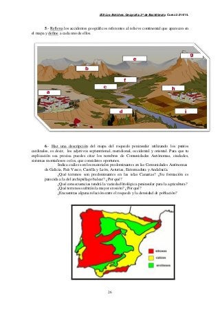 IES Los Boliches. Geografía. 2º de Bachillerato. Curso 2.014/15. 
5.- Rellena los accidentes geográficos referentes al relieve continental que aparecen en 
26 
el mapa y define a cada uno de ellos. 
6.- Haz una descripción del mapa del roquedo peninsular utilizando los puntos 
cardinales, es decir, los adjetivos septentrional, meridional, occidental y oriental. Para que tu 
explicación sea precisa puedes citar los nombres de Comunidades Autónomas, ciudades, 
sistemas montañosos o ríos, que consideres oportunos. 
Indica cuáles son los materiales predominantes en las Comunidades Autónomas 
de Galicia, País Vasco, Castilla y León, Asturias, Extremadura y Andalucía. 
¿Qué terrenos son predominantes en las islas Canarias? ¿Su formación es 
parecida a la del archipiélago balear? ¿Por qué? 
¿Qué consecuencias tendrá la variedad litológica peninsular para la agricultura? 
¿Qué terrenos sufrirán la mayor erosión? ¿Por qué? 
¿Encuentras alguna relación entre el roquedo y la densidad de población? 
 