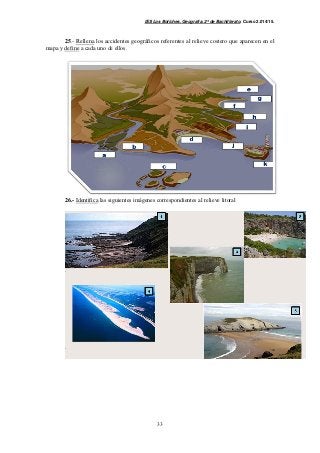 IES Los Boliches. Geografía. 2º de Bachillerato. Curso 2.014/15. 
25.- Rellena los accidentes geográficos referentes al relieve costero que aparecen en el 
33 
mapa y define a cada uno de ellos. 
26.- Identifica las siguientes imágenes correspondientes al relieve litoral 
 