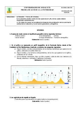 UNIVERSIDADES DE ANDALUCÍA 
PRUEBA DE ACCESO A LA UNIVERSIDAD 
BACHILLERATO 
GEOGRAFÍA DE 
ESPAÑA 
Instrucciones: a) Duración: 1 hora y 30 minutos. 
b) La presente prueba consta de dos opciones (A y B), de las cuales deberá 
desarrollar solamente una. 
c) En todos los casos se considerarán elementos de ponderación de la nota final la 
calidad de la redacción y la corrección gramatical y ortográfica. 
OPCIÓN B: 
1. Exprese de modo conciso el significado geográfico de los siguientes términos: 
- Relieve cárstico - Área metropolitana - Dehesa 
- Sector terciario - Energía hidroeléctrica - Transición demográfica 
(Valoración: hasta 3 puntos) 
2. En el gráfico se representa un perfil topográfico de la Península Ibérica desde el Mar 
Cantábrico al Mar Mediterráneo. Analícelo y conteste a las preguntas siguientes: 
a) Diga el nombre, y la letra correspondiente, de los sistemas montañosos que aparecen en el 
gráfico, ordenados en sentido Norte-Sur. 
b) Diga el nombre, y los números correspondientes, de los ríos que aparecen en el gráfico, 
ordenados de Sur a Norte. 
c) De los sistemas montañosos, diga, con letra y nombre, cuáles de ellos son: interiores a la 
Meseta, exteriores a la Meseta, y periféricos a la Meseta. 
(Valoración: hasta 3 puntos) 
D 
A 
2 
C 
1 
E 
4 
B 
3 
3. Las agriculturas de regadío en España. 
(Tema libre, para cuyo desarrollo se sugiere realizar un esquema previo) 
(Valoración: hasta 4 puntos) 
 