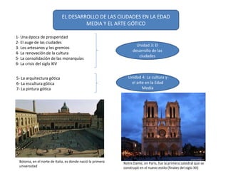 EL DESARROLLO DE LAS CIUDADES EN LA EDAD
MEDIA Y EL ARTE GÓTICO
1- Una época de prosperidad
2- El auge de las ciudades
3- ...