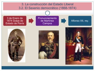 3. La construcción del Estado Liberal
3.2. El Sexenio democrático (1868-1874)
3 de Enero de
1874 Golpe de
Estado de Pavía
Pronunciamiento
de Martínez
Campos
Alfonso XII, rey.
 