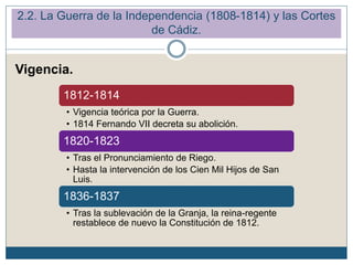 Vigencia.
1812-1814
• Vigencia teórica por la Guerra.
• 1814 Fernando VII decreta su abolición.
1820-1823
• Tras el Pronunciamiento de Riego.
• Hasta la intervención de los Cien Mil Hijos de San
Luis.
1836-1837
• Tras la sublevación de la Granja, la reina-regente
restablece de nuevo la Constitución de 1812.
2.2. La Guerra de la Independencia (1808-1814) y las Cortes
de Cádiz.
 
