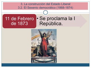 3. La construcción del Estado Liberal
3.2. El Sexenio democrático (1868-1874)
• Se proclama la I
República.
11 de Febrero
de 1873
 