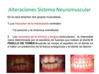 En la cara tenemos dos grupos musculares:
1. Los músculos de la masticación controlan:
§ la posición y la dinámica mandibular.
2. Los músculos de la mímica y lengua (orbiculares) : la intensidad
viene determinada por el equilibrio de fuerzas que rodean al dienteà
PASILLO DE TOMESàcuando se rompe el equilibro en el diente va
a haber un predominio de la fuerza antagonista y el diente se desvía.
Alteraciones	
  Sistema	
  Neuromuscular	
  
 