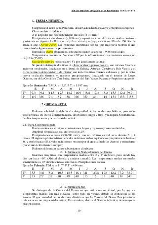IES Los Boliches. Geografía. 2º de Bachillerato. Curso 2.014/15. 
10 
1.- IBERIA HÚMEDA. 
Comprende el norte de la Península, desde Galicia hasta Navarra y Prepirineo aragonés. 
Clima oceánico o atlántico. 
A lo largo del año no existe ningún mes seco (> 30 mm.) 
Precipitaciones abundantes (< 800 mm.), repartidas, con máximos en otoño e invierno 
y mínimos en Agosto. La lluvia es muy fina: sirimiri, orbayo, calabobos. Más de 150 días de 
lluvia al año. (Frente Polar) Las montañas cantábricas son las que más nieve reciben al año 
manteniendo algunos neveros permanentes. 
Humedad y nubes abundantes, con una insolación de apenas 1.900 horas al año. 
Temperaturas moderadas. Veranos >20º por la influencia marina e inviernos suaves, no 
muy frío (7º-10º). 
Oscilación térmica moderada (>14º), por la influencia del mar. 
Se pueden distinguir dos tipos: el clima oceánico puro o costero, con veranos frescos e 
inviernos moderados, localizado en el litoral de Galicia, Asturias, Cantabria y País Vasco; y el 
clima oceánico de transición o de interior, con inviernos fríos, veranos calurosos y, por lo tanto, 
mayor oscilación térmica, y, menores precipitaciones, localizado en el interior de Lugo, 
Ourense, sur de la Cordillera Cantábrica, interior del País Vasco, Navarra y Prepirineo aragonés. 
Ejemplo: Santander. T.M.A. = 13,9º. P.T. = 1.197 mm. 
E F M A M J J A S O N D 
Tº 9,3 9,2 11,5 12,3 14,2 16,9 18,8 19,3 18,2 15,3 12,2 9,9 
P 119 86 74 82 88 66 59 84 114 134 133 155 
2.- IBERIA SECA. 
Podemos subdividirla, debido a la desigualdad de las condiciones hídricas, pero sobre 
todo térmicas, en: Iberia Continentalizada, de inviernos largos y fríos, y la España Mediterránea, 
de altas temperaturas y acusada aridez estival. 
2.1. Iberia Continentalizada. 
Fuertes contrastes térmicos, con inviernos largos y rigurosos y veranos tórridos. 
Amplitud térmica acusada, en torno a los 20º. 
Precipitaciones escasas (300-600 mm.), con un mínimo estival seco durante 3 o 4 
meses. El régimen pluviométrico tiene dos máximos en los equinoccios (en primavera hacia el 
W. y otoño hacia el E.); y dos mínimos en verano (por el anticiclón de las Azores) y en invierno 
(por el anticiclón térmico europeo) 
Podemos diferenciar varios subconjuntos climáticos: 
2.1.1. Submeseta Norte o Cuenca del Duero. 
Inviernos muy fríos, con temperaturas medias entre 2 y 4º en Enero, pero donde hay 
días que hace –18º. (Altitud elevada y carácter cerrado). Las temperaturas medias mensuales 
son inferiores a 10º durante cinco o seis meses. Precipitaciones escasas. 
Ejemplo: Palencia. T.M.A. = 11,7º. P.T. = 414 mm. 
E F M A M J J A S O N D 
Tº 3,3 4,6 8,2 10,5 13.5 18,1 21 20,8 17,6 12,2 7,2 3,9 
P 33 27 37 40 48 48 15 16 32 40 38 40 
2.1.2. Submeseta Sur. 
Se distingue de la Cuenca del Duero en que está a menos altitud, por lo que sus 
temperaturas medias son más elevadas, sobre todo en verano, debido al Anticiclón de las 
Azores. Mayor variedad de condiciones climáticas que la Cuenca del Duero. Precipitaciones 
más escasas con mayor aridez estival. Extremadura, abierta al Océano Atlántico, tiene mayores 
precipitaciones. 
 