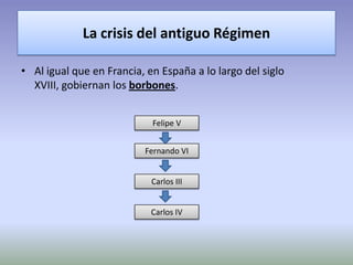La crisis del antiguo Régimen

• Al igual que en Francia, en España a lo largo del siglo
  XVIII, gobiernan los borbones.
...