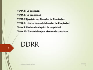 DDRR
TEMA 5: La posesión
TEMA 6: La propiedad
TEMA 7:Ejercicio del Derecho de Propiedad.
TEMA 8: Limitaciones del derecho de Propiedad
Tema 9: Modos de adquirir la propiedad
Tema 10: Transmisión por efectos de contratos
13/03/202
4
DDRR DR. CHIRVECHES (65)
1
 