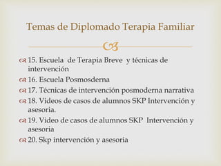 
 15. Escuela de Terapia Breve y técnicas de
intervención
 16. Escuela Posmosderna
 17. Técnicas de intervención posmoderna narrativa
 18. Videos de casos de alumnos SKP Intervención y
asesoria.
 19. Video de casos de alumnos SKP Intervención y
asesoria
 20. Skp intervención y asesoria
Temas de Diplomado Terapia Familiar
 