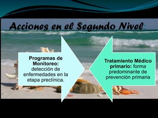 Acciones en el Segundo Nivel:
Programas de
Monitoreo:
detección de
enfermedades en la
etapa preclínica.
Tratamiento Médico
primario: forma
predominante de
prevención primaria
 