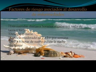 Tres comidas diarias a horarios regulares y nada de
tacos y tortas
Desayuno diario
Ejercicio moderado de 2 a 3 v por semana
De 7 a 8 horas de sueño durate la noche
no fumar
Peso moderado
Nada de alcohol o uso moderado.
Factores de riesgo asociados al desarrollo
de enfermedades
 