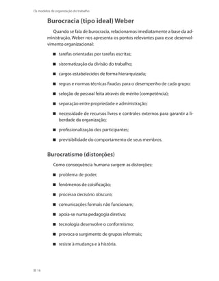 16
Os modelos de organização do trabalho
Burocracia (tipo ideal) Weber
Quando se fala de burocracia, relacionamos imediatamente a base da ad-
ministração, Weber nos apresenta os pontos relevantes para esse desenvol-
vimento organizacional:
tarefas orientadas por tarefas escritas;
sistematização da divisão do trabalho;
cargos estabelecidos de forma hierarquizada;
regras e normas técnicas fixadas para o desempenho de cada grupo;
seleção de pessoal feita através de mérito (competência);
separação entre propriedade e administração;
necessidade de recursos livres e controles externos para garantir a li-
berdade da organização;
profissionalização dos participantes;
previsibilidade do comportamento de seus membros.
Burocratismo (distorções)
Como consequência humana surgem as distorções:
problema de poder;
fenômenos de coisificação;
processo decisório obscuro;
comunicações formais não funcionam;
apoia-se numa pedagogia diretiva;
tecnologia desenvolve o conformismo;
provoca o surgimento de grupos informais;
resiste à mudança e à história.
 