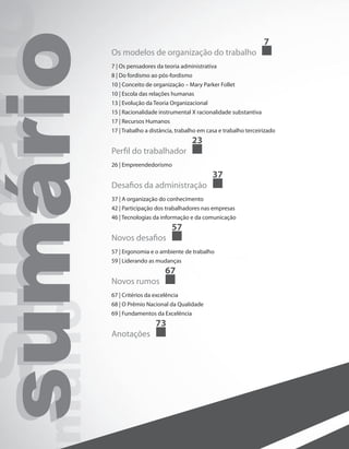 máriosumáriosumárisumáriosumáriosumárisumário Os modelos de organização do trabalho
7
7 | Os pensadores da teoria administrativa
8 | Do fordismo ao pós-fordismo
10 | Conceito de organização – Mary Parker Follet
10 | Escola das relações humanas
13 | Evolução da Teoria Organizacional
15 | Racionalidade instrumental X racionalidade substantiva
17 | Recursos Humanos
17 | Trabalho a distância, trabalho em casa e trabalho terceirizado
Perfil do trabalhador
23
26 | Empreendedorismo
Desafios da administração
37
37 | A organização do conhecimento
42 | Participação dos trabalhadores nas empresas
46 | Tecnologias da informação e da comunicação
Novos desafios
57
57 | Ergonomia e o ambiente de trabalho
59 | Liderando as mudanças
Novos rumos
67
67 | Critérios da excelência
68 | O Prêmio Nacional da Qualidade
69 | Fundamentos da Excelência
Anotações
73
 
