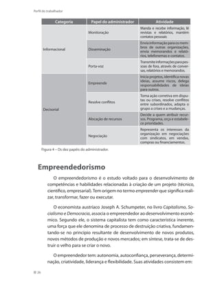 26
Perfil do trabalhador
Categoria Papel do administrador Atividade
Informacional
Monitoração
Manda e recebe informação, lê
revistas e relatórios, mantém
contatos pessoais
Disseminação
Enviainformaçãoparaosmem-
bros de outras organizações,
envia memorandos e relató-
rios, telefonemas e contatos.
Porta-voz
Transmiteinformaçõesparapes-
soas de fora, através de conver-
sas, relatórios e memorandos.
Decisorial
Empreende
Inicia projetos, identifica novas
ideias, assume riscos, delega
responsabilidades de ideias
para outros.
Resolve conflitos
Toma ação corretiva em dispu-
tas ou crises, resolve conflitos
entre subordinados, adapta o
grupo a crises e a mudanças.
Alocação de recursos
Decide a quem atribuir recur-
sos. Programa, orça e estabele-
ce prioridades.
Negociação
Representa os interesses da
organização em negociações
com sindicatos, em vendas,
compras ou financiamentos.
Figura 4 – Os dez papéis do administrador.
Empreendedorismo
O empreendedorismo é o estudo voltado para o desenvolvimento de
competências e habilidades relacionadas à criação de um projeto (técnico,
científico, empresarial). Tem origem no termo empreender que significa reali-
zar, transformar, fazer ou executar.
O economista austríaco Joseph A. Schumpeter, no livro Capitalismo, So-
cialismo e Democracia, associa o empreendedor ao desenvolvimento econô-
mico. Segundo ele, o sistema capitalista tem como característica inerente,
uma força que ele denomina de processo de destruição criativa, fundamen-
tando-se no princípio resultante de desenvolvimento de novos produtos,
novos métodos de produção e novos mercados; em síntese, trata-se de des-
truir o velho para se criar o novo.
O empreendedor tem: autonomia, autoconfiança, perseverança, determi-
nação, criatividade, liderança e flexibilidade. Suas atividades consistem em:
 