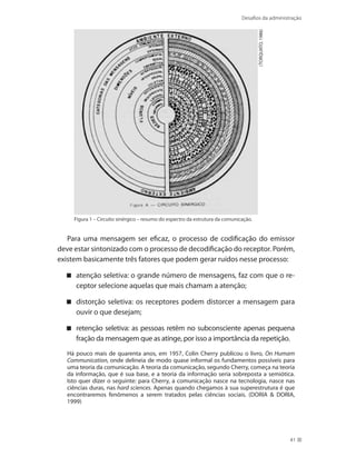 Desafios da administração
41
Figura 1 – Circuito sinérgico – resumo do espectro da estrutura da comunicação.
(TORQUATO,1986)
Para uma mensagem ser eficaz, o processo de codificação do emissor
deve estar sintonizado com o processo de decodificação do receptor. Porém,
existem basicamente três fatores que podem gerar ruídos nesse processo:
atenção seletiva: o grande número de mensagens, faz com que o re-
ceptor selecione aquelas que mais chamam a atenção;
distorção seletiva: os receptores podem distorcer a mensagem para
ouvir o que desejam;
retenção seletiva: as pessoas retêm no subconsciente apenas pequena
fração da mensagem que as atinge, por isso a importância da repetição.
Há pouco mais de quarenta anos, em 1957, Colin Cherry publicou o livro, On Humam
Communication, onde delineia de modo quase informal os fundamentos possíveis para
uma teoria da comunicação. A teoria da comunicação, segundo Cherry, começa na teoria
da informação, que é sua base, e a teoria da informação seria sobreposta a semiótica.
Isto quer dizer o seguinte: para Cherry, a comunicação nasce na tecnologia, nasce nas
ciências duras, nas hard sciences. Apenas quando chegamos à sua superestrutura é que
encontraremos fenômenos a serem tratados pelas ciências sociais. (DORIA  DORIA,
1999)
 