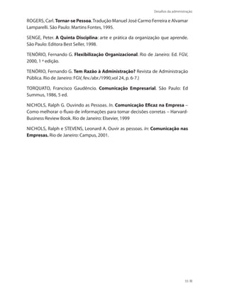 Desafios da administração
55
ROGERS, Carl. Tornar-se Pessoa.Tradução Manuel José Carmo Ferreira e Alvamar
Lamparelli. São Paulo: Martins Fontes, 1995.
SENGE, Peter. A Quinta Disciplina: arte e prática da organização que aprende.
São Paulo: Editora Best Seller, 1998.
TENÓRIO, Fernando G. Flexibilização Organizacional. Rio de Janeiro: Ed. FGV,
2000, 1 º edição.
TENÓRIO, Fernando G. Tem Razão à Administração? Revista de Administração
Pública. Rio de Janeiro: FGV, fev./abr./1990,vol 24, p. 6-7.)
TORQUATO, Francisco Gaudêncio. Comunicação Empresarial. São Paulo: Ed
Summus, 1986, 5 ed.
NICHOLS, Ralph G. Ouvindo as Pessoas. In. Comunicação Eficaz na Empresa –
Como melhorar o fluxo de informações para tomar decisões corretas – Harvard-
Business Review Book. Rio de Janeiro: Elsevier, 1999
NICHOLS, Ralph e STEVENS, Leonard A. Ouvir as pessoas. In: Comunicação nas
Empresas. Rio de Janeiro: Campus, 2001.
 