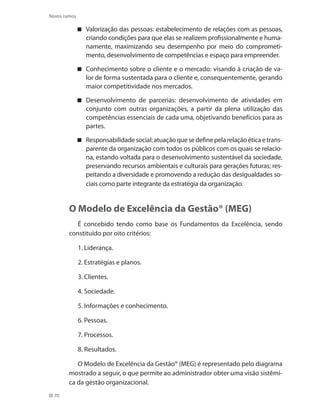 70
Novos rumos
Valorização das pessoas: estabelecimento de relações com as pessoas,
criando condições para que elas se realizem profissionalmente e huma-
namente, maximizando seu desempenho por meio do comprometi-
mento, desenvolvimento de competências e espaço para empreender.
Conhecimento sobre o cliente e o mercado: visando à criação de va-
lor de forma sustentada para o cliente e, consequentemente, gerando
maior competitividade nos mercados.
Desenvolvimento de parcerias: desenvolvimento de atividades em
conjunto com outras organizações, a partir da plena utilização das
competências essenciais de cada uma, objetivando benefícios para as
partes.
Responsabilidadesocial:atuaçãoquesedefinepelarelaçãoéticaetrans-
parente da organização com todos os públicos com os quais se relacio-
na, estando voltada para o desenvolvimento sustentável da sociedade,
preservando recursos ambientais e culturais para gerações futuras; res-
peitando a diversidade e promovendo a redução das desigualdades so-
ciais como parte integrante da estratégia da organização.
O Modelo de Excelência da Gestão® (MEG)
É concebido tendo como base os Fundamentos da Excelência, sendo
constituído por oito critérios:
1. Liderança.
2. Estratégias e planos.
3. Clientes.
4. Sociedade.
5. Informações e conhecimento.
6. Pessoas.
7. Processos.
8. Resultados.
O Modelo de Excelência da Gestão® (MEG) é representado pelo diagrama
mostrado a seguir, o que permite ao administrador obter uma visão sistêmi-
ca da gestão organizacional.
 