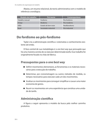 8
Os modelos de organização do trabalho
Abaixo, um resumo relacional, da teoria administrativa com o modelo de
referência cronológica.
Modelo de trabalho Pré-teoria Contemporâneo
Trabalho manual Fordismo Pós-fordismo
Antigo Moderno Pós-moderno
URSS Estado de bem-estar Neoliberalismo
Rural Sociedade industrial Pós-industrial
Do fordismo ao pós-fordismo
Taylor cria a administração científica e sistematiza o conhecimento exis-
tente até então.
O foco central de sua metodologia é o one best way que pressupõe que
há uma maneira correta de se executar determinada tarefa. Esse trabalho foi
originalmente focado no chão de fábrica.
Pressupostos para o one best way
Definir movimentos elementares, as ferramentas e os materiais neces-
sários para a execução do trabalho.
Determinar, por cronometragem ou outros métodos de medida, os
tempos necessários para executar cada um dos movimentos.
Analisar os movimentos para conseguir simplificar e causar uma maior
economia de gestos.
Reunir os movimentos em uma experiência que constitua uma unida-
de de tarefa.
Administração científica
A figura a seguir apresenta o modelo da busca pelo melhor caminho
produtivo.
 