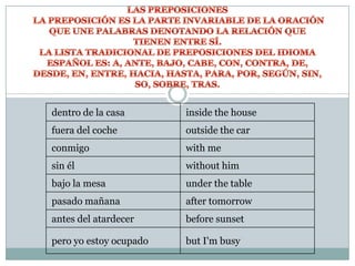 dentro de la casa inside the house
fuera del coche outside the car
conmigo with me
sin él without him
bajo la mesa under the table
pasado mañana after tomorrow
antes del atardecer before sunset
pero yo estoy ocupado but I'm busy
 