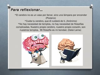 Para reflexionar…
  *El cerebro no es un vaso por llenar, sino una lámpara por encender
                               (Plutarco)
           *Cuida tu cerebro, que él cuidará de ti. (Anónimo)
     *No hay necesidad de templos, no hay necesidad de filosofías
   complicadas. Nuestro propio cerebro, nuestro propio corazón, son
       nuestros templos. Mi filosofía es mi bondad. (Dalai Lama)
 
