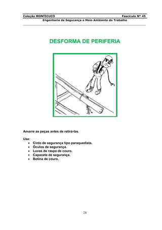Coleção MONTICUCO Fascículo Nº 45
Engenharia de Segurança e Meio Ambiente do Trabalho
___________________________________________________________________________
24
DESFORMA DE PERIFERIA
Amarre as peças antes de retirá-las.
Use:
 Cinto de segurança tipo paraquedista.
 Óculos de segurança.
 Luvas de raspa de couro.
 Capacete de segurança.
 Botina de couro.
 