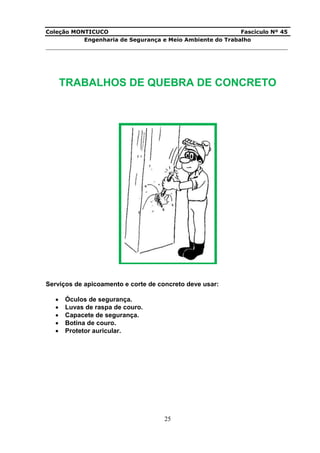 Coleção MONTICUCO Fascículo Nº 45
Engenharia de Segurança e Meio Ambiente do Trabalho
___________________________________________________________________________
25
TRABALHOS DE QUEBRA DE CONCRETO
Serviços de apicoamento e corte de concreto deve usar:
 Óculos de segurança.
 Luvas de raspa de couro.
 Capacete de segurança.
 Botina de couro.
 Protetor auricular.
 