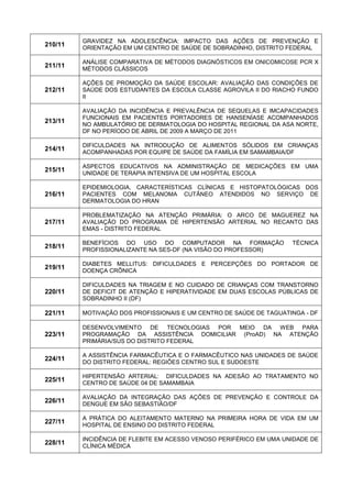 210/11 
GRAVIDEZ NA ADOLESCÊNCIA: IMPACTO DAS AÇÕES DE PREVENÇÃO E ORIENTAÇÃO EM UM CENTRO DE SAÚDE DE SOBRADINHO, DISTRITO FEDERAL 
211/11 
ANÁLISE COMPARATIVA DE MÉTODOS DIAGNÓSTICOS EM ONICOMICOSE PCR X MÉTODOS CLÁSSICOS 
212/11 
AÇÕES DE PROMOÇÃO DA SAÚDE ESCOLAR: AVALIAÇÃO DAS CONDIÇÕES DE SAÚDE DOS ESTUDANTES DA ESCOLA CLASSE AGROVILA II DO RIACHO FUNDO II 
213/11 
AVALIAÇÃO DA INCIDÊNCIA E PREVALÊNCIA DE SEQUELAS E IMCAPACIDADES FUNCIONAIS EM PACIENTES PORTADORES DE HANSENÍASE ACOMPANHADOS NO AMBULATÓRIO DE DERMATOLOGIA DO HOSPITAL REGIONAL DA ASA NORTE, DF NO PERÍODO DE ABRIL DE 2009 A MARÇO DE 2011 
214/11 
DIFICULDADES NA INTRODUÇÃO DE ALIMENTOS SÓLIDOS EM CRIANÇAS ACOMPANHADAS POR EQUIPE DE SAÚDE DA FAMÍLIA EM SAMAMBAIA/DF 
215/11 
ASPECTOS EDUCATIVOS NA ADMINISTRAÇÃO DE MEDICAÇÕES EM UMA UNIDADE DE TERAPIA INTENSIVA DE UM HOSPITAL ESCOLA 
216/11 
EPIDEMIOLOGIA, CARACTERÍSTICAS CLÍNICAS E HISTOPATOLÓGICAS DOS PACIENTES COM MELANOMA CUTÂNEO ATENDIDOS NO SERVIÇO DE DERMATOLOGIA DO HRAN 
217/11 
PROBLEMATIZAÇÃO NA ATENÇÃO PRIMÁRIA: O ARCO DE MAGUEREZ NA AVALIAÇÃO DO PROGRAMA DE HIPERTENSÃO ARTERIAL NO RECANTO DAS EMAS - DISTRITO FEDERAL 
218/11 
BENEFÍCIOS DO USO DO COMPUTADOR NA FORMAÇÃO TÉCNICA PROFISSIONALIZANTE NA SES-DF (NA VISÃO DO PROFESSOR) 
219/11 
DIABETES MELLITUS: DIFICULDADES E PERCEPÇÕES DO PORTADOR DE DOENÇA CRÔNICA 
220/11 
DIFICULDADES NA TRIAGEM E NO CUIDADO DE CRIANÇAS COM TRANSTORNO DE DEFICIT DE ATENÇÃO E HIPERATIVIDADE EM DUAS ESCOLAS PÚBLICAS DE SOBRADINHO II (DF) 
221/11 
MOTIVAÇÃO DOS PROFISSIONAIS E UM CENTRO DE SAÚDE DE TAGUATINGA - DF 
223/11 
DESENVOLVIMENTO DE TECNOLOGIAS POR MEIO DA WEB PARA PROGRAMAÇÃO DA ASSISTÊNCIA DOMICILIAR (ProAD) NA ATENÇÃO PRIMÁRIA/SUS DO DISTRITO FEDERAL 
224/11 
A ASSISTÊNCIA FARMACÊUTICA E O FARMACÊUTICO NAS UNIDADES DE SAÚDE DO DISTRITO FEDERAL: REGIÕES CENTRO SUL E SUDOESTE 
225/11 
HIPERTENSÃO ARTERIAL: DIFICULDADES NA ADESÃO AO TRATAMENTO NO CENTRO DE SAÚDE 04 DE SAMAMBAIA 
226/11 
AVALIAÇÃO DA INTEGRAÇÃO DAS AÇÕES DE PREVENÇÃO E CONTROLE DA DENGUE EM SÃO SEBASTIÃO/DF 
227/11 
A PRÁTICA DO ALEITAMENTO MATERNO NA PRIMEIRA HORA DE VIDA EM UM HOSPITAL DE ENSINO DO DISTRITO FEDERAL 
228/11 
INCIDÊNCIA DE FLEBITE EM ACESSO VENOSO PERIFÉRICO EM UMA UNIDADE DE CLÍNICA MÉDICA  
