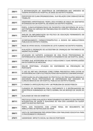 250/11 
A SISTEMATIZAÇÃO DE ASSISTÊNCIA DE ENFERMAGEM NAS UNIDADES DE TERAPIA INTENSIVA DO HOSPITAL DE BASE DO DISTRITO FEDERAL 
251/11 
PERCEPÇÃO DO CLIMA ORGANIZACIONAL: SUA RELAÇÃO COM O BEM-ESTAR NO TRABALHO 
252/11 
SÍNDROMES HIPERTENSIVAS: PERFIL DOS FATORES DE RISCO DE GESTANTES INTERNADAS EM UM HOSPITAL DE ENSINO DO DISTRITO FEDERAL 
253/11 
PERFIL CLÍNICO-EPIDEMIOLÓGICO DE PACIENTES COM DEFICIÊNCIA DE ALFA-1 ANTITRIPSINA DO SERVIÇO DE PNEUMOLOGIA DO HOSPITAL REGIONAL DA ASA NORTE - HRAN 
254/11 
ANÁLISE DA IMPLEMENTAÇÃO DA POLÍTICA DE EDUCAÇÃO PERMANENTE EM SAÚDE NO DISTRITO FEDERAL 
255/11 
ACOMPANHAMENTO FARMACOTERAPÊUTICO A IDOSOS EM AMBULATÓRIOS PÚBLICOS DO DISTRITO FEDERAL 
256/11 
REDE DE APOIO SOCIAL À DOADORA DE LEITE HUMANO NO DISTRITO FEDERAL 
257/11 
AVALIAÇÃO E PROMOÇÃO DE AUTOESTIMA DE CRIANÇAS EM TRATAMENTO DE ANEMIA FALCIFORME 
258/11 
APLICAÇÃO DO SUPORTE AVANÇADO DE VIDA PELOS PROFISSIONAIS DE ENFERMAGEM NA UNIDADE DE PRONTO ATENDIMENTO DE UM HOSPITAL GERAL 
259/11 
FATORES QUE INTERFEREM NO CICLO VIGÍLIA-SONO E SUAS REPERCUSSÕES EM ESTUDANTES DE MEDICINA 
260/11 
DIÁLISE PERITONIAL: ATUAÇÃO DO ENFERMEIRO NA PREVENÇÃO DE PERITONITE 
261/11 
O USO DO IMÃ NAS CIRURGIAS COMO FORMA PREVENTIVA PARA EVITAR AS INTERFERÊNCIAS COM O ELETROCAUTÉRIO EM PACIENTES COM MARCAPASSO 
262/11 
VERIFICAÇÃO DA APLICABILIDADE DO PROTOCOLO DE PRECAUÇÕES BÁSICAS E ADICIONAIS PELOS PROFISSIONAIS DE ENFERMAGEM NAS UNIDADES DE CLÍNICAS MÉDICAS DE UM HOSPITAL PÚBLICO DO DISTRITO FEDERAL 
263/11 
O HOMEM E A INFECÇÃO PELO HPV: UM PROBLEMA DE SAÚDE PÚBLICA 
264/11 
CUIDADOS DE ENFERMAGEM COM A PARTURIENTE E O RECÉM-NASCIDO NA ASSISTÊNCIA HUMANIZADA AO PARTO NORMAL EM UM SERVIÇO DE SAÚDE DO DF 
266/11 
QUALIDADE DE VIDA DO DIABÉTICO 
267/11 
PROTOCOLO PARA AVALIAÇÃO E MONITORAMENTO DO IMPACTO DAS PRÁTICAS INTEGRATIVAS DE SAÚDE E QUALIDADE DE VIDA DOS USUÁRIOS DO SUS/DF ADEPTOS DESTAS PRÁTICAS 
268/11 
PERFIL DOS PACIENTES COM LITÍASE RENAL EM SEGUIMENTO NO AMBULATÓRIO DE NEFROLOGIA DO HRAN 
269/11 
VISITA DE ENFERMAGEM PRÉ-OPERATÓRIA COM FINALIDADE EDUCATIVA PARA O PROCEDIMENTO CIRÚRGICO 
270/11 
HANSENÍASE: IMPACTO SOCIAL NA VIDA DO PORTADOR  