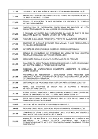 271/11 
DIVERTICULITE: A IMPORTÂNCIA DA INGESTÃO DE FIBRAS NA ALIMENTAÇÃO 
272/11 
FATORES ESTRESSORES NAS UNIDADES DE TERAPIA INTENSIVA DO HOSPITAL DE BASE DO DISTRITO FEDERAL 
273/11 
ESCALA DE AVALIAÇÃO DA DOR NEONATAL EM UNIDADES DE TERAPIAS INTENSIVAS NEONATAIS 
274/11 
DIAGNÓSTICOS DE ENFERMAGEM PRIORITÁRIOS EM PACIENTE NO PÓS- OPERATÓRIO IMEDIATO EM UMA UNIDADE DE CIRURGIA GERAL 
275/11 
A POSSÍVEL AUTONOMIA DAS PARTURIENTES DA CASA DE PARTO DE SÃO SEBASTIÃO QUANTO À POSIÇÃO NA HORA DO PARTO VAGINAL 
276/11 
PACIENTE ONCOLÓGICO: PERSPECTIVA FRENTE AO DIAGNÓSTICO DEFINITIVO 
277/11 
SÍNDROME DE BURNOUT: ESTRESSE OCUPACIONAL E SUAS REPERCUSSÕES NA VIDA DOS ENFERMEIROS 
278/11 
INFECÇÃO DE SÍTIO CIRÚRGICO: INCIDÊNCIA E MICRO-ORGANISMOS 
279/11 
ESTUDO DA FREQUÊNCIA DE CANDIDÍASE EM NEONATOS NOS HOSPITAIS REGIONAIS DE BRASÍLIA, NO PERÍODO DE 2008 A 2011 
280/11 
DEPRESSÃO: FAMÍLIA E SEU PAPEL NO TRATAMENTO DO PACIENTE 
281/11 
QUALIDADE DA ASSISTÊNCIA DE ENFERMAGEM EM UMA CLÍNICA CIRÚRGICA DE UM HOSPITAL ESCOLA: A PERCEPÇÃO DO USUÁRIO 
282/11 
INCIDÊNCIA DE MALFORMAÇÕES CONGÊNITAS ASSOCIADAS AS DROGAS LÍCITAS E ILÍCITAS 
283/11 
PROGRAMAS DE ASSISTÊNCIA À COMUNIDADE ENTRE PACIENTES COM DEFICIÊNCIA AUDITIVA E OS PROFISSIONAIS DE SAÚDE DA REGIONAL DE SAÚDE DO GAMA DO DISTRITO FEDERAL 
284/11 
OBSERVAÇÕES DE PACIENTES DIABÉTICOS QUE NECESSITAM DE CURATIVO 
286/11 
PERFIL DOS USUÁRIOS DE CRACK NAS 26 CAPITAIS, 9 REGIÕES METROPOLITANAS E BRASIL 
287/11 
TOXOPLASMOSE: PREVALÊNCIA EM GESTANTES ATENDIDAS EM CENTROS DE SAÚDE DE SAMAMBAIA, DISTRITO FEDERAL, PERÍODO DE 2009 A 2011 
288/11 
TESTE DO PEZINHO: A PERCEPÇÃO DOS PAIS A CERCA DESSE EXAME E O ENFERMEIRO COMO ORIENTADOR 
289/11 
GRAVIDEZ NA ADOLESCÊNCIA: SINTOMAS DEPRESSIVOS 
290/11 
PACIENTE IDOSO: AS NECESSIDADES AFETIVAS DURANTE AS INTERNAÇÕES 
291/11 
COMPARAÇÃO ENTRE A RAQUIANESTESIA GERAL COM MÁSCARA LARÍNGEA PARA A REALIZAÇÃO DE LAQUEADURA TUBÁRIA 
292/11 
AVALIAÇÃO DA EFICÁCIA E SEGURANÇA DA TERAPIA FOTODINÂMICA NO TRATAMENTO DE QUELITE ACTÍNICA UTILIZANDO DOIS AGENTES FOTOSSENSIBILIZANTES: METIL-ÉSTER DE ÁCIDO 5-AMINOLEVULÍNICO: ESTUDO COMPARATIVO  