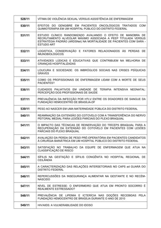 528/11 
VÍTIMA DE VIOLÊNCIA SEXUAL VERSUS ASSISTÊNCIA DE ENFERMAGEM 
530/11 
EFEITOS DO GENGIBRE EM PACIENTES ONCOLÓGICOS TRATADOS COM QUIMIOTERAPIA EM UM HOSPITAL PÚBLICO DO DISTRITO FEDERAL 
531/11 
ESTUDO CLÍNICO RANDOMIZADO AVALIANDO O EFEITO DE MANOBRA DE RECRUTAMENTO ALVEOLAR MÁXIMO ASSOCIADA A PEEP TITULADA VERSUS ESTRATÉGIA PADRÃO (ARDSNet) NA MORTALIDADE DE PACIENTES COM SARA - ESTUDO ART 
532/11 
LOGISTICA, CONSERVAÇÃO E FATORES RELACIONADOS ÀS PERDAS DE IMUNOBIOLÓGICOS 
533/11 
ATIVIDADES LÚDICAS E EDUCATIVAS QUE CONTRIBUEM NA MELHORIA DE CRIANÇAS HOSPITALIZADAS 
534/11 
LOUCURA E SOCIEDADE: OS IMBRÓGLIOS SOCIAIS NAS CRISES PSÍQUICAS GRAVES 
535/11 
COMO OS PROFISSIONAIS DE ENFERMAGEM LIDAM COM A MORTE DE SEUS PACIENTES? 
536/11 
CUIDADOS PALIATIVOS EM UNIDADE DE TERAPIA INTENSIVA NEONATAL: PERCEPÇÃO DOS PROFISSIONAIS DE SAÚDE 
537/11 
PREVALÊNCIA DA INFECÇÃO POR HTLV ENTRE OS DOADORES DE SANGUE DA FUNDAÇÃO HEMOCENTRO DE BRASÍLIA-DF 
539/11 
PESO AO NASCER EM UMA MATERNIDADE PÚBLICA DO DISTRITO FEDERAL 
540/11 
REAMINAÇÃO DA EXTENSÃO DO COTOVELO COM A TRANSFERÊNCIA DO NERVO PEITORAL MEDIAL PARA LESÕES PARCIAIS DO PLEXO BRAQUIAL 
541/11 
O IMPACTO DAS TÉCNICAS DE REINERVAÇÃO DO TRÍCEPS BRAQUIAL PARA A RECUPERAÇÃO DA EXTENSÃO DO COTOVELO EM PACIENTES COM LESÕES PARCIAIS DO PLEXO BRAQUIAL 
542/11 
AVALIAÇÃO DA PERDA DE PESO PRÉ-OPERATÓRIA EM PACIENTES CANDIDATOS À CIRURGIA BARIÁTRICA EM UM HOSPITAL PÚBLICO DO DISTRITO FEDERAL 
543/11 
SATISFAÇÃO NO TRABALHO DA EQUIPE DE ENFERMAGEM QUE ATUA NA CLASSIFICAÇÃO DE RISCO 
544/11 
SÍFILIS NA GESTAÇÃO E SÍFILIS CONGÊNITA NO HOSPITAL REGIONAL DE CEILÂNDIA 
545/11 
A CARACTERIZAÇÃO DAS RELAÇÕES INTERSETORIAIS NO CAPS ad GUARÁ DO DISTRITO FEDERAL 
546/11 
REPERCUSSÕES DA INSEGURANÇA ALIMENTAR NA GESTANTE E NO RECÉM- NASCIDO 
547/11 
NÍVEL DE ESTRESSE: O ENFERMEIRO QUE ATUA EM PRONTO SOCORRO É REALMENTE ESTRESSADO? 
548/11 
PREVALÊNCIA DE LIPEMIA E ICTERÍCIA NAS DOÇÕES RECEBIDAS PELA FUNDAÇÃO HEMOCENTRO DE BRASÍLIA DURANTE O ANO DE 2010 
549/11 
HIV/AIDS: A VULNERABILIDADE DO IDOSO  