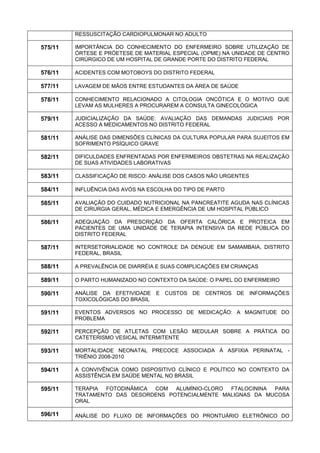 RESSUSCITAÇÃO CARDIOPULMONAR NO ADULTO 
575/11 
IMPORTÂNCIA DO CONHECIMENTO DO ENFERMEIRO SOBRE UTILIZAÇÃO DE ÓRTESE E PRÓETESE DE MATERIAL ESPECIAL (OPME) NA UNIDADE DE CENTRO CIRÚRGICO DE UM HOSPITAL DE GRANDE PORTE DO DISTRITO FEDERAL 
576/11 
ACIDENTES COM MOTOBOYS DO DISTRITO FEDERAL 
577/11 
LAVAGEM DE MÃOS ENTRE ESTUDANTES DA ÁREA DE SAÚDE 
578/11 
CONHECIMENTO RELACIONADO A CITOLOGIA ONCÓTICA E O MOTIVO QUE LEVAM AS MULHERES A PROCURAREM A CONSULTA GINECOLÓGICA 
579/11 
JUDICIALIZAÇÃO DA SAÚDE: AVALIAÇÃO DAS DEMANDAS JUDICIAIS POR ACESSO A MEDICAMENTOS NO DISTRITO FEDERAL 
581/11 
ANÁLISE DAS DIMENSÕES CLÍNICAS DA CULTURA POPULAR PARA SUJEITOS EM SOFRIMENTO PSÍQUICO GRAVE 
582/11 
DIFICULDADES ENFRENTADAS POR ENFERMEIROS OBSTETRAS NA REALIZAÇÃO DE SUAS ATIVIDADES LABORATIVAS 
583/11 
CLASSIFICAÇÃO DE RISCO: ANÁLISE DOS CASOS NÃO URGENTES 
584/11 
INFLUÊNCIA DAS AVÓS NA ESCOLHA DO TIPO DE PARTO 
585/11 
AVALIAÇÃO DO CUIDADO NUTRICIONAL NA PANCREATITE AGUDA NAS CLÍNICAS DE CIRURGIA GERAL, MÉDICA E EMERGÊNCIA DE UM HOSPITAL PÚBLICO 
586/11 
ADEQUAÇÃO DA PRESCRIÇÃO DA OFERTA CALÓRICA E PROTEICA EM PACIENTES DE UMA UNIDADE DE TERAPIA INTENSIVA DA REDE PÚBLICA DO DISTRITO FEDERAL 
587/11 
INTERSETORIALIDADE NO CONTROLE DA DENGUE EM SAMAMBAIA, DISTRITO FEDERAL, BRASIL 
588/11 
A PREVALÊNCIA DE DIARRÉIA E SUAS COMPLICAÇÕES EM CRIANÇAS 
589/11 
O PARTO HUMANIZADO NO CONTEXTO DA SAÚDE: O PAPEL DO ENFERMEIRO 
590/11 
ANÁLISE DA EFETIVIDADE E CUSTOS DE CENTROS DE INFORMAÇÕES TOXICOLÓGICAS DO BRASIL 
591/11 
EVENTOS ADVERSOS NO PROCESSO DE MEDICAÇÃO: A MAGNITUDE DO PROBLEMA 
592/11 
PERCEPÇÃO DE ATLETAS COM LESÃO MEDULAR SOBRE A PRÁTICA DO CATETERISMO VESICAL INTERMITENTE 
593/11 
MORTALIDADE NEONATAL PRECOCE ASSOCIADA À ASFIXIA PERINATAL - TRIÊNIO 2008-2010 
594/11 
A CONVIVÊNCIA COMO DISPOSITIVO CLÍNICO E POLÍTICO NO CONTEXTO DA ASSISTÊNCIA EM SAÚDE MENTAL NO BRASIL 
595/11 
TERAPIA FOTODINÂMICA COM ALUMÍNIO-CLORO FTALOCININA PARA TRATAMENTO DAS DESORDENS POTENCIALMENTE MALIGNAS DA MUCOSA ORAL 
596/11 
ANÁLISE DO FLUXO DE INFORMAÇÕES DO PRONTUÁRIO ELETRÔNICO DO  