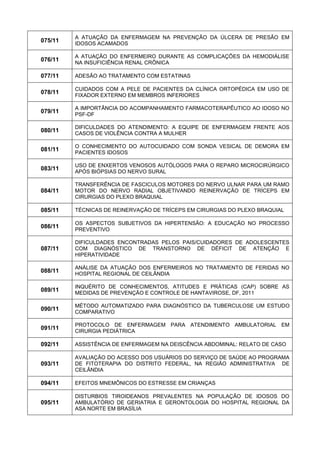 075/11 
A ATUAÇÃO DA ENFERMAGEM NA PREVENÇÃO DA ÚLCERA DE PRESÃO EM IDOSOS ACAMADOS 
076/11 
A ATUAÇÃO DO ENFERMEIRO DURANTE AS COMPLICAÇÕES DA HEMODIÁLISE NA INSUFICIÊNCIA RENAL CRÔNICA 
077/11 
ADESÃO AO TRATAMENTO COM ESTATINAS 
078/11 
CUIDADOS COM A PELE DE PACIENTES DA CLÍNICA ORTOPÉDICA EM USO DE FIXADOR EXTERNO EM MEMBROS INFERIORES 
079/11 
A IMPORTÂNCIA DO ACOMPANHAMENTO FARMACOTERAPÊUTICO AO IDOSO NO PSF-DF 
080/11 
DIFICULDADES DO ATENDIMENTO: A EQUIPE DE ENFERMAGEM FRENTE AOS CASOS DE VIOLÊNCIA CONTRA A MULHER 
081/11 
O CONHECIMENTO DO AUTOCUIDADO COM SONDA VESICAL DE DEMORA EM PACIENTES IDOSOS 
083/11 
USO DE ENXERTOS VENOSOS AUTÓLOGOS PARA O REPARO MICROCIRÚRGICO APÓS BIÓPSIAS DO NERVO SURAL 
084/11 
TRANSFERÊNCIA DE FASCICULOS MOTORES DO NERVO ULNAR PARA UM RAMO MOTOR DO NERVO RADIAL OBJETIVANDO REINERVAÇÃO DE TRÍCEPS EM CIRURGIAS DO PLEXO BRAQUIAL 
085/11 
TÉCNICAS DE REINERVAÇÃO DE TRÍCEPS EM CIRURGIAS DO PLEXO BRAQUIAL 
086/11 
OS ASPECTOS SUBJETIVOS DA HIPERTENSÃO: A EDUCAÇÃO NO PROCESSO PREVENTIVO 
087/11 
DIFICULDADES ENCONTRADAS PELOS PAIS/CUIDADORES DE ADOLESCENTES COM DIAGNÓSTICO DE TRANSTORNO DE DÉFICIT DE ATENÇÃO E HIPERATIVIDADE 
088/11 
ANÁLISE DA ATUAÇÃO DOS ENFERMEIROS NO TRATAMENTO DE FERIDAS NO HOSPITAL REGIONAL DE CEILÂNDIA 
089/11 
INQUÉRITO DE CONHECIMENTOS, ATITUDES E PRÁTICAS (CAP) SOBRE AS MEDIDAS DE PREVENÇÃO E CONTROLE DE HANTAVIROSE, DF, 2011 
090/11 
MÉTODO AUTOMATIZADO PARA DIAGNÓSTICO DA TUBERCULOSE UM ESTUDO COMPARATIVO 
091/11 
PROTOCOLO DE ENFERMAGEM PARA ATENDIMENTO AMBULATORIAL EM CIRURGIA PEDIÁTRICA 
092/11 
ASSISTÊNCIA DE ENFERMAGEM NA DEISCÊNCIA ABDOMINAL: RELATO DE CASO 
093/11 
AVALIAÇÃO DO ACESSO DOS USUÁRIOS DO SERVIÇO DE SAÚDE AO PROGRAMA DE FITOTERAPIA DO DISTRITO FEDERAL, NA REGIÃO ADMINISTRATIVA DE CEILÂNDIA 
094/11 
EFEITOS MNEMÔNICOS DO ESTRESSE EM CRIANÇAS 
095/11 
DISTURBIOS TIROIDEANOS PREVALENTES NA POPULAÇÃO DE IDOSOS DO AMBULATÓRIO DE GERIATRIA E GERONTOLOGIA DO HOSPITAL REGIONAL DA ASA NORTE EM BRASÍLIA  