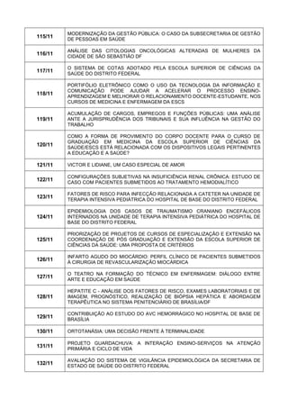 115/11 
MODERNIZAÇÃO DA GESTÃO PÚBLICA: O CASO DA SUBSECRETARIA DE GESTÃO DE PESSOAS EM SAÚDE 
116/11 
ANÁLISE DAS CITOLOGIAS ONCOLÓGICAS ALTERADAS DE MULHERES DA CIDADE DE SÃO SEBASTIÃO DF 
117/11 
O SISTEMA DE COTAS ADOTADO PELA ESCOLA SUPERIOR DE CIÊNCIAS DA SAÚDE DO DISTRITO FEDERAL 
118/11 
PORTIFÓLIO ELETRÔNICO COMO O USO DA TECNOLOGIA DA INFORMAÇÃO E COMUNICAÇÃO PODE AJUDAR A ACELERAR O PROCESSO ENSINO- APRENDIZAGEM E MELHORAR O RELACIONAMENTO DOCENTE-ESTUDANTE, NOS CURSOS DE MEDICINA E ENFERMAGEM DA ESCS 
119/11 
ACUMULAÇÃO DE CARGOS, EMPREGOS E FUNÇÕES PÚBLICAS: UMA ANÁLISE ANTE A JURISPRUDÊNCIA DOS TRIBUNAIS E SUA INFLUÊNCIA NA GESTÃO DO TRABALHO 
120/11 
COMO A FORMA DE PROVIMENTO DO CORPO DOCENTE PARA O CURSO DE GRADUAÇÃO EM MEDICINA DA ESCOLA SUPERIOR DE CIÊNCIAS DA SAÚDE/ESCS ESTÁ RELACIONADA COM OS DISPOSITIVOS LEGAIS PERTINENTES A EDUCAÇÃO E A SAÚDE? 
121/11 
VICTOR E LIDIANE, UM CASO ESPECIAL DE AMOR 
122/11 
CONFIGURAÇÕES SUBJETIVAS NA INSUFICIÊNCIA RENAL CRÔNICA: ESTUDO DE CASO COM PACIENTES SUBMETIDOS AO TRATAMENTO HEMODIALÍTICO 
123/11 
FATORES DE RISCO PARA INFECÇÃO RELACIONADA A CATETER NA UNIDADE DE TERAPIA INTENSIVA PEDIÁTRICA DO HOSPITAL DE BASE DO DISTRITO FEDERAL 
124/11 
EPIDEMIOLOGIA DOS CASOS DE TRAUMATISMO CRANIANO ENCEFÁLICOS INTERNADOS NA UNIDADE DE TERAPIA INTENSIVA PEDIÁTRICA DO HOSPITAL DE BASE DO DISTRITO FEDERAL 
125/11 
PRIORIZAÇÃO DE PROJETOS DE CURSOS DE ESPECIALIZAÇÃO E EXTENSÃO NA COORDENAÇÃO DE PÓS GRADUAÇÃO E EXTENSÃO DA ESCOLA SUPERIOR DE CIÊNCIAS DA SAÚDE: UMA PROPOSTA DE CRITÉRIOS 
126/11 
INFARTO AGUDO DO MIOCÁRDIO: PERFIL CLÍNICO DE PACIENTES SUBMETIDOS À CIRURGIA DE REVASCULARIZAÇÃO MIOCÁRDICA 
127/11 
O TEATRO NA FORMAÇÃO DO TÉCNICO EM ENFERMAGEM: DIÁLOGO ENTRE ARTE E EDUCAÇÃO EM SAÚDE 
128/11 
HEPATITE C - ANÁLISE DOS FATORES DE RISCO, EXAMES LABORATORIAIS E DE IMAGEM, PROGNÓSTICO, REALIZAÇÃO DE BIÓPSIA HEPÁTICA E ABORDAGEM TERAPÊUTICA NO SISTEMA PENITENCIÁRIO DE BRASÍLIA/DF 
129/11 
CONTRIBUIÇÃO AO ESTUDO DO AVC HEMORRÁGICO NO HOSPITAL DE BASE DE BRASÍLIA 
130/11 
ORTOTANÁSIA: UMA DECISÃO FRENTE À TERMINALIDADE 
131/11 
PROJETO GUARDACHUVA: A INTERAÇÃO ENSINO-SERVIÇOS NA ATENÇÃO PRIMÁRIA E CICLO DE VIDA 
132/11 
AVALIAÇÃO DO SISTEMA DE VIGILÂNCIA EPIDEMIOLÓGICA DA SECRETARIA DE ESTADO DE SAÚDE DO DISTRITO FEDERAL  
