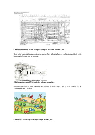 Crédito Hipotecario: el que usas para comprar una casa, terreno y etc.
Un crédito hipotecario es un préstamo que se hace a largo plazo, el cual está respaldado en la
hipoteca de la casa que se compra.
Crédito Agropecuario/Ario: materias primas, agricultura
Recursos económicos para invertirse en cultivos de maíz, trigo, caña o en la producción de
carne de bovino o porcino.
Crédito de Consumo: para comprar ropa, mueble, etc.
 