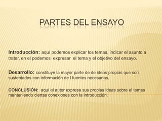 PARTES DEL ENSAYO


Introducción: aquí podemos explicar los temas, indicar el asunto a
tratar, en el podemos expresar el tema y el objetivo del ensayo.


Desarrollo: constituye la mayor parte de de ideas propias que son
sustentados con información de l fuentes necesarias.

CONCLUSIÓN: aquí el autor expresa sus propias ideas sobre el temas
manteniendo ciertas conexiones con la introducción.
 