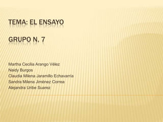 TEMA: EL ENSAYO

GRUPO N. 7


Martha Cecilia Arango Vélez
Naidy Burgos
Claudia Milena Jaramillo Echavarría
Sandra Milena Jiménez Correa
Alejandra Uribe Suarez
 