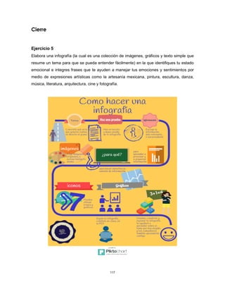 117
Cierre
Ejercicio 5
Elabora una infografía (la cual es una colección de imágenes, gráficos y texto simple que
resume un tema para que se pueda entender fácilmente) en la que identifiques tu estado
emocional e integres frases que te ayuden a manejar tus emociones y sentimientos por
medio de expresiones artísticas como la artesanía mexicana, pintura, escultura, danza,
música, literatura, arquitectura, cine y fotografía.
 