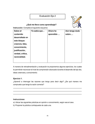 55
¿Qué me llevo como aprendizaje?
Instrucción: Completa el siguiente esquema:
Sobre el
contenido
desarrollado en
este bloque:
creencia, Idea,
conocimiento,
justificación,
verdad, crítica,
racionalidad.
Ya sabía que… Ahora he
aprendido …
Aún tengo duda
sobre….
A manera de retroalimentación y evaluación te proponemos algunos ejercicios, los cuales
te permitirán reconocer el nivel de comprensión alcanzado durante el desarrollo del eje dos,
ideas creencias y conocimiento:
Ejercicio 1.
¿Aprendí a interrogar las razones que tengo para decir algo? ¿De qué manera me
compruebo que tengo la razón correcta?
________________________________________________________________________
________________________________________________________________________
________________________________________________________________________
Instrucciones:
a) Ubicar las siguientes prácticas en opinión o conocimiento, según sea el caso.
b) Proponer la práctica contrapuesta de cada una.
Evaluación Eje 2
 