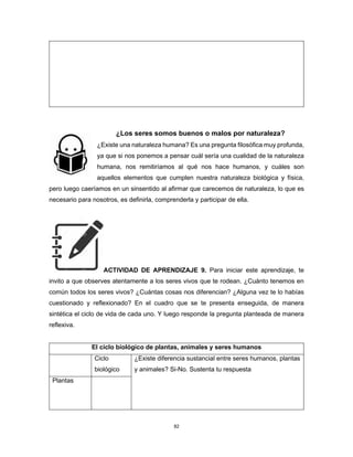 82
¿Los seres somos buenos o malos por naturaleza?
¿Existe una naturaleza humana? Es una pregunta filosófica muy profunda,
ya que si nos ponemos a pensar cuál sería una cualidad de la naturaleza
humana, nos remitiríamos al qué nos hace humanos, y cuáles son
aquellos elementos que cumplen nuestra naturaleza biológica y física,
pero luego caeríamos en un sinsentido al afirmar que carecemos de naturaleza, lo que es
necesario para nosotros, es definirla, comprenderla y participar de ella.
ACTIVIDAD DE APRENDIZAJE 9. Para iniciar este aprendizaje, te
invito a que observes atentamente a los seres vivos que te rodean. ¿Cuánto tenemos en
común todos los seres vivos? ¿Cuántas cosas nos diferencian? ¿Alguna vez te lo habías
cuestionado y reflexionado? En el cuadro que se te presenta enseguida, de manera
sintética el ciclo de vida de cada uno. Y luego responde la pregunta planteada de manera
reflexiva.
El ciclo biológico de plantas, animales y seres humanos
Ciclo
biológico
¿Existe diferencia sustancial entre seres humanos, plantas
y animales? Si-No. Sustenta tu respuesta
Plantas
 