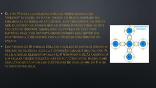 • EL TIPO N TIENE LA CARACTERÍSTICA DE TENER ELECTRONES
“SUELTOS” ES DECIR, NO TODOS TIENEN UN HUECO ASOCIADO SIN
EMBARGO EL MATERIAL SE ENCUENTRA ELÉCTRICAMENTE NEUTRO YA
QUE EL NÚMERO DE ÁTOMOS QUE LE FUERON INTRODUCIDOS ES MUY
PEQUEÑO (1/1000000). AHORA BIEN, LA VENTAJA DE USAR ESTE
MATERIAL ES QUE SE NECESITA MENOS ENERGÍA PARA MOVER LOS
ELECTRONES A COMPARACIÓN CON LA UTILIZADA PARA ROMPER UN
ENLACE.
• LOS ÁTOMOS DE SI FORMAN ENLACES COVALENTES ENTRE SÍ SIENDO SU
NÚMERO DE VALENCIA IGUAL A 4 ENTONCES PARA QUE SEA DEL TIPO N
SE LE AGREGAN ELEMENTOS COMO EL P (FÓSFORO) O EL AS (ARSÉNICO)
LOS CUALES TIENEN 5 ELECTRONES EN SU ÚLTIMO NIVEL DANDO COMO
RESULTADO QUE UNO DE LOS ELECTRONES DE CADA ÁTOMO DE P O AS
SE ENCUENTRE SOLO.
 