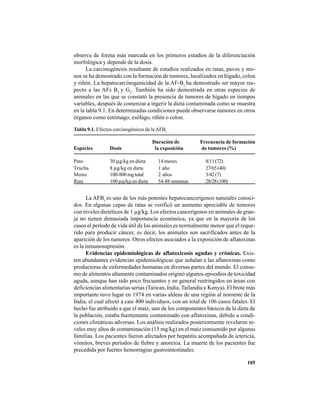 105
observa de forma más marcada en los primeros estadios de la diferenciación
morfológica y depende de la dosis.
La carcinogénesis resultante de estudios realizados en ratas, pavos y mo-
nos se ha demostrado con la formación de tumores, localizados en hígado, colon
y riñón. La hepatocarcinogenicidad de la AF-B1
ha demostrado ser mayor res-
pecto a las AFs B2
y G2
. También ha sido demostrada en otras especies de
animales en las que se constató la presencia de tumores de hígado en tiempos
variables, después de comenzar a ingerir la dieta contaminada como se muestra
en la tabla 9.1. En determinadas condiciones puede observarse tumores en otros
órganos como estómago, esófago, riñón o colon.
La AFB1
es uno de los más potentes hepatocancerígenos naturales conoci-
dos. En algunas cepas de ratas se verificó un aumento apreciable de tumores
con niveles dietéticos de 1 µg/kg. Los efectos cancerígenos en animales de gran-
ja no tienen demasiada importancia económica, ya que en la mayoría de los
casos el período de vida útil de los animales es normalmente menor que el reque-
rido para producir cáncer, es decir, los animales son sacrificados antes de la
aparición de los tumores. Otros efectos asociados a la exposición de aflatoxinas
es la inmunosupresión.
Evidencias epidemiológicas de aflatoxicosis agudas y crónicas. Exis-
ten abundantes evidencias epidemiológicas que señalan a las aflatoxinas como
productoras de enfermedades humanas en diversas partes del mundo. El consu-
mo de alimentos altamente contaminados originó algunos episodios de toxicidad
aguda, aunque han sido poco frecuentes y en general restringidos en áreas con
deficiencias alimentarias serias (Taiwan, India, Tailandia y Kenya). El brote más
importante tuvo lugar en 1974 en varias aldeas de una región al noroeste de la
India, el cual afectó a casi 400 individuos, con un total de 106 casos fatales. El
hecho fue atribuido a que el maíz, uno de los componentes básicos de la dieta de
la población, estaba fuertemente contaminado con aflatoxinas, debido a condi-
ciones climáticas adversas. Los análisis realizados posteriormente revelaron ni-
veles muy altos de contaminación (15 mg/kg) en el maíz consumido por algunas
familias. Los pacientes fueron afectados por hepatitis acompañada de ictericia,
vómitos, breves períodos de fiebre y anorexia. La muerte de los pacientes fue
precedida por fuertes hemorragias gastrointestinales.
Tabla 9.1. Efectos carcinogénicos de laAFB1
Duración de Frecuencia de formación
Especies Dosis la exposición de tumores (%)
Pato 30 µg/kg en dieta 14 meses 8/11(72)
Trucha 8 µg/kg en dieta 1 año 27/65(40)
Mono 100-800mgtotal 2 años 3/42(7)
Rata 100 µg/kg en dieta 54-88 semanas 28/28(100)
 