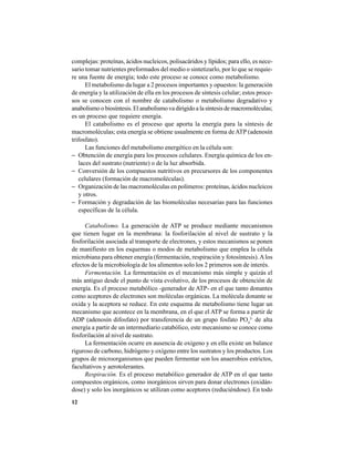 12
complejas: proteínas, ácidos nucleicos, polisacáridos y lípidos; para ello, es nece-
sario tomar nutrientes preformados del medio o sintetizarlo, por lo que se requie-
re una fuente de energía; todo este proceso se conoce como metabolismo.
El metabolismo da lugar a 2 procesos importantes y opuestos: la generación
de energía y la utilización de ella en los procesos de síntesis celular; estos proce-
sos se conocen con el nombre de catabolismo o metabolismo degradativo y
anabolismoobiosíntesis.Elanabolismovadirigidoalasíntesisdemacromoléculas;
es un proceso que requiere energía.
El catabolismo es el proceso que aporta la energía para la síntesis de
macromoléculas; esta energía se obtiene usualmente en forma deATP (adenosín
trifosfato).
Las funciones del metabolismo energético en la célula son:
− Obtención de energía para los procesos celulares. Energía química de los en-
laces del sustrato (nutriente) o de la luz absorbida.
− Conversión de los compuestos nutritivos en precursores de los componentes
celulares (formación de macromoléculas).
− Organización de las macromoléculas en polímeros: proteínas, ácidos nucleicos
y otros.
− Formación y degradación de las biomoléculas necesarias para las funciones
específicas de la célula.
Catabolismo. La generación de ATP se produce mediante mecanismos
que tienen lugar en la membrana: la fosforilación al nivel de sustrato y la
fosforilación asociada al transporte de electrones, y estos mecanismos se ponen
de manifiesto en los esquemas o modos de metabolismo que emplea la célula
microbiana para obtener energía (fermentación, respiración y fotosíntesis).Alos
efectos de la microbiología de los alimentos solo los 2 primeros son de interés.
Fermentación. La fermentación es el mecanismo más simple y quizás el
más antiguo desde el punto de vista evolutivo, de los procesos de obtención de
energía. Es el proceso metabólico -generador de ATP- en el que tanto donantes
como aceptores de electrones son moléculas orgánicas. La molécula donante se
oxida y la aceptora se reduce. En este esquema de metabolismo tiene lugar un
mecanismo que acontece en la membrana, en el que el ATP se forma a partir de
ADP (adenosín difosfato) por transferencia de un grupo fosfato PO4
2-
de alta
energía a partir de un intermediario catabólico, este mecanismo se conoce como
fosforilación al nivel de sustrato.
La fermentación ocurre en ausencia de oxígeno y en ella existe un balance
riguroso de carbono, hidrógeno y oxígeno entre los sustratos y los productos. Los
grupos de microorganismos que pueden fermentar son los anaerobios estrictos,
facultativos y aerotolerantes.
Respiración. Es el proceso metabólico generador de ATP en el que tanto
compuestos orgánicos, como inorgánicos sirven para donar electrones (oxidán-
dose) y solo los inorgánicos se utilizan como aceptores (reduciéndose). En todo
 